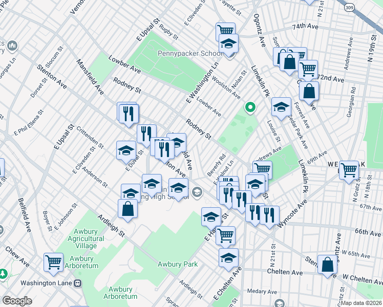 map of restaurants, bars, coffee shops, grocery stores, and more near 7253 Mansfield Avenue in Philadelphia