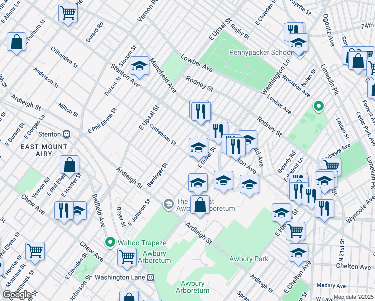 map of restaurants, bars, coffee shops, grocery stores, and more near 6325 Crittenden Street in Philadelphia