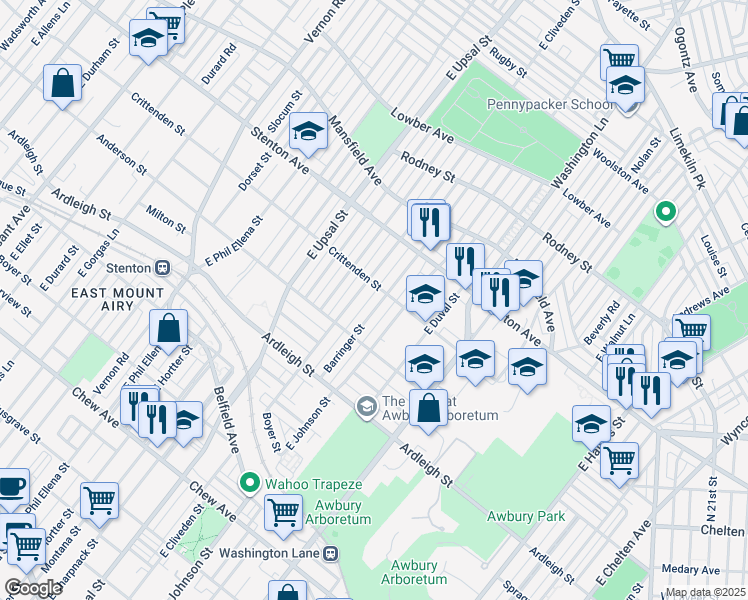 map of restaurants, bars, coffee shops, grocery stores, and more near 1229 Barringer Street in Philadelphia