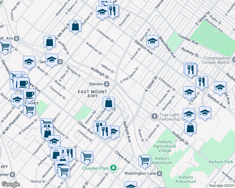 map of restaurants, bars, coffee shops, grocery stores, and more near 6635 Blakemore Street in Philadelphia