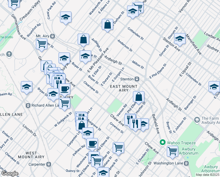 map of restaurants, bars, coffee shops, grocery stores, and more near 275 Meehan Avenue in Philadelphia