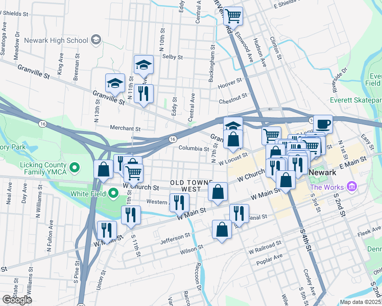 map of restaurants, bars, coffee shops, grocery stores, and more near 218 West Locust Street in Newark