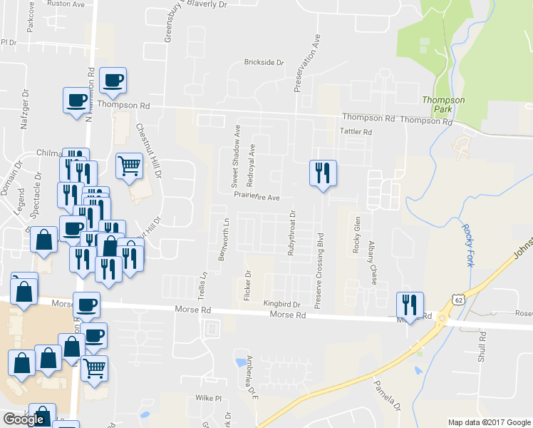 map of restaurants, bars, coffee shops, grocery stores, and more near 3856 Wood Stork Lane in Columbus