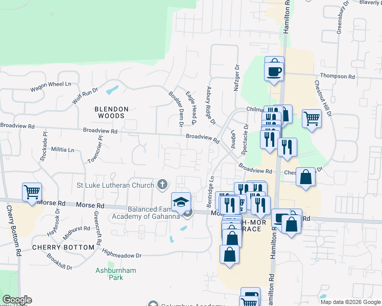 map of restaurants, bars, coffee shops, grocery stores, and more near 3973 Malbec Drive in Gahanna