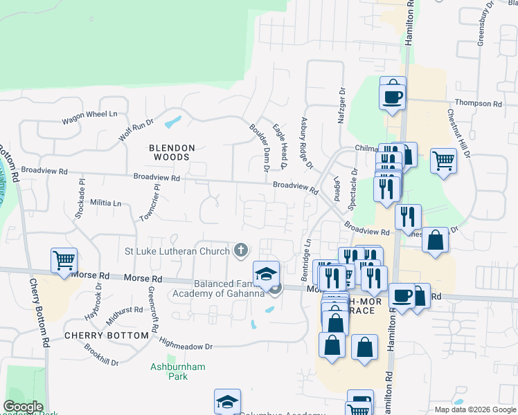 map of restaurants, bars, coffee shops, grocery stores, and more near 4072 Chennin Drive in Columbus
