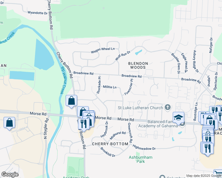 map of restaurants, bars, coffee shops, grocery stores, and more near 4088 Blue Coat Lane in Gahanna