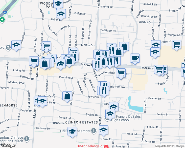 map of restaurants, bars, coffee shops, grocery stores, and more near 1498 Pershing Drive in Columbus