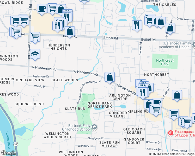 map of restaurants, bars, coffee shops, grocery stores, and more near 4921 Stonehaven Drive in Columbus