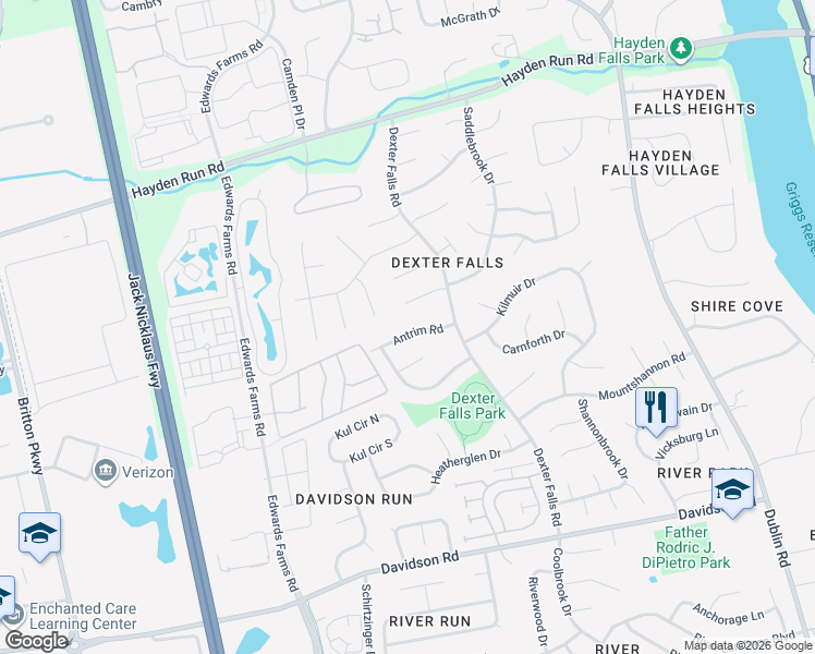 map of restaurants, bars, coffee shops, grocery stores, and more near 3901 Antrim Road in Columbus