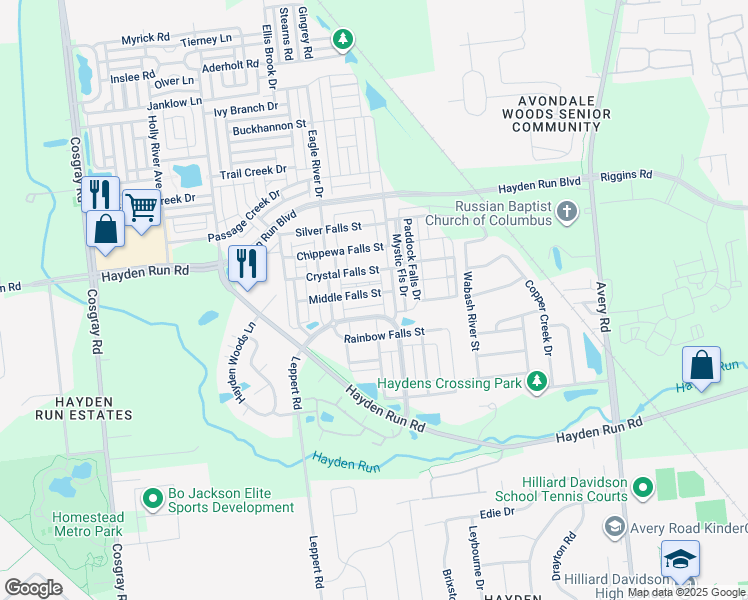 map of restaurants, bars, coffee shops, grocery stores, and more near 5566 Bow Falls Boulevard in Hilliard