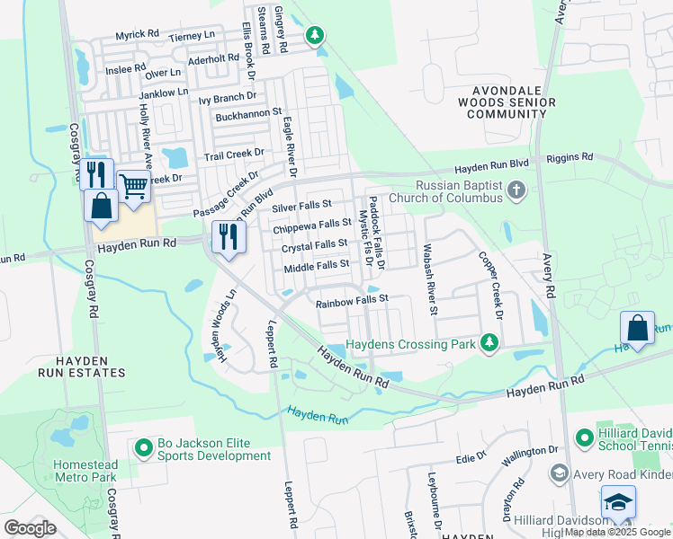 map of restaurants, bars, coffee shops, grocery stores, and more near 5566 Bow Falls Boulevard in Hilliard