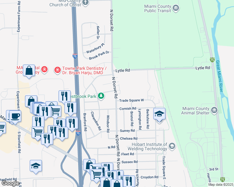 map of restaurants, bars, coffee shops, grocery stores, and more near 1441 Trade Square West in Troy