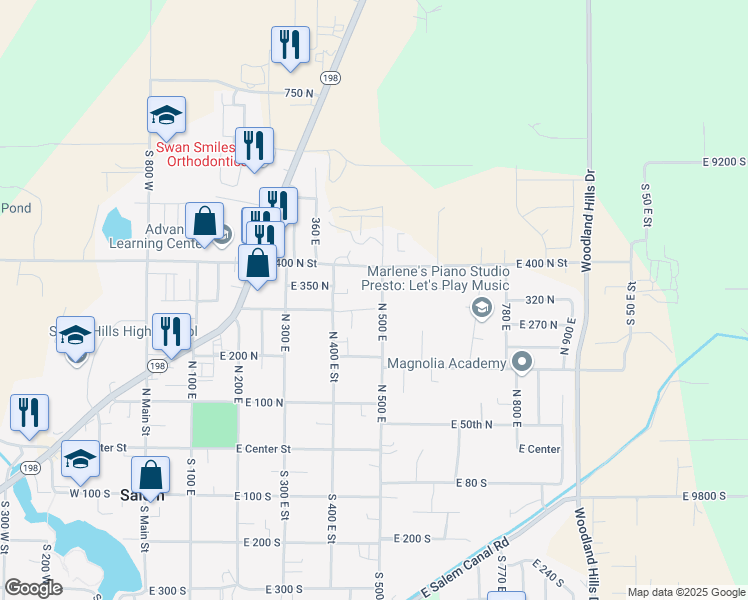 map of restaurants, bars, coffee shops, grocery stores, and more near 315 North 500 East in Salem