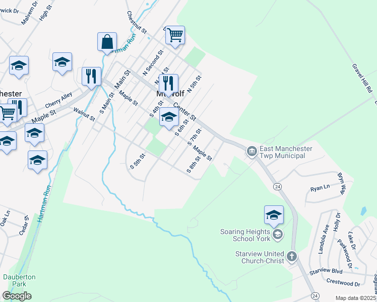 map of restaurants, bars, coffee shops, grocery stores, and more near 125 South 7th Street in Mount Wolf