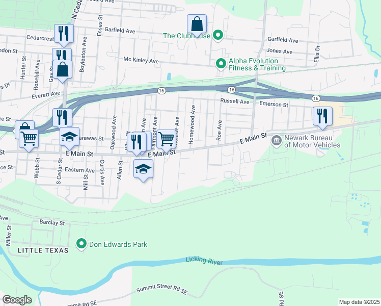 map of restaurants, bars, coffee shops, grocery stores, and more near 655 East Main Street in Newark