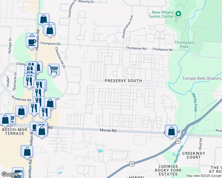 map of restaurants, bars, coffee shops, grocery stores, and more near 3856 Wood Stork Lane in Columbus