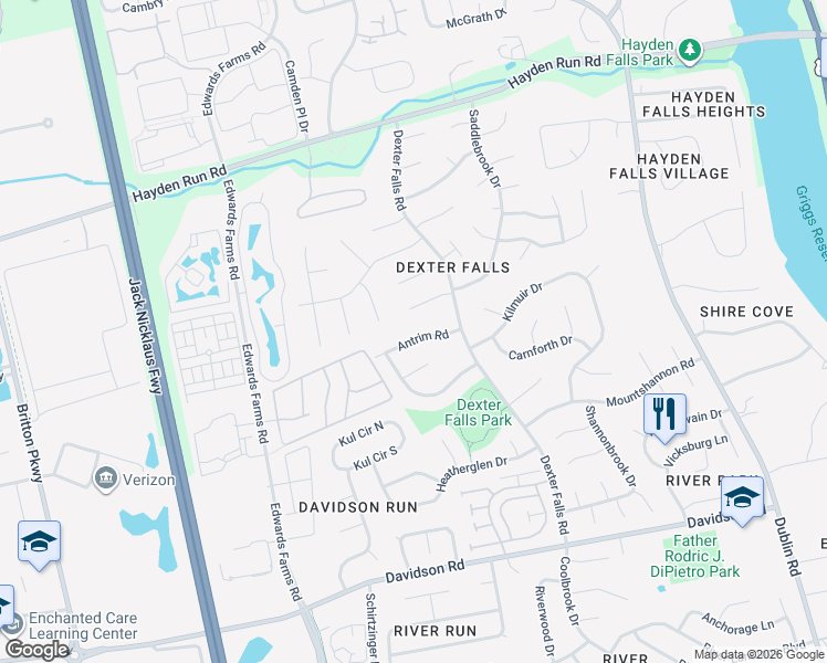 map of restaurants, bars, coffee shops, grocery stores, and more near 3901 Antrim Road in Columbus