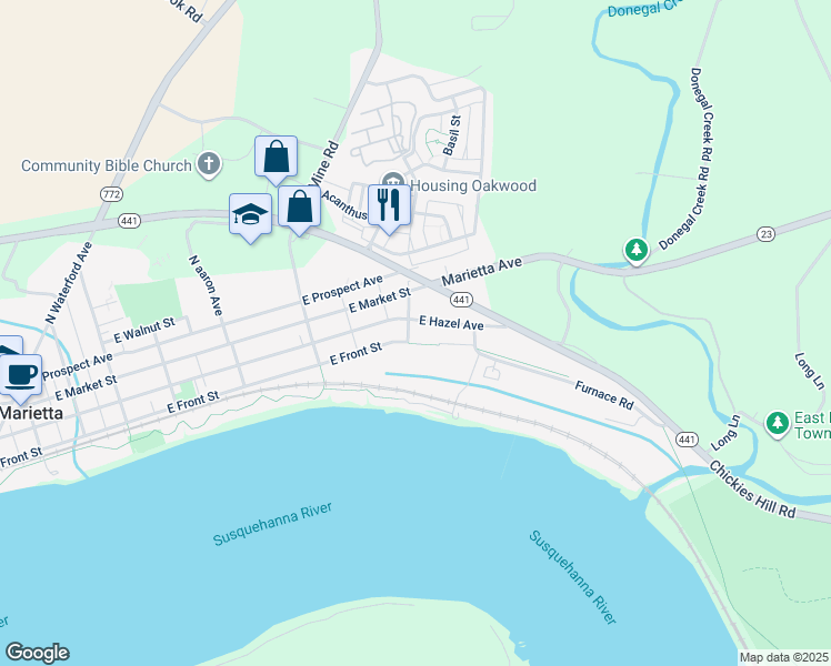 map of restaurants, bars, coffee shops, grocery stores, and more near 107 South Clay Street in Marietta