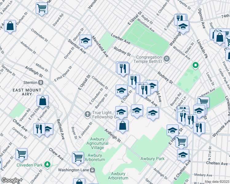 map of restaurants, bars, coffee shops, grocery stores, and more near 6325 Crittenden Street in Philadelphia