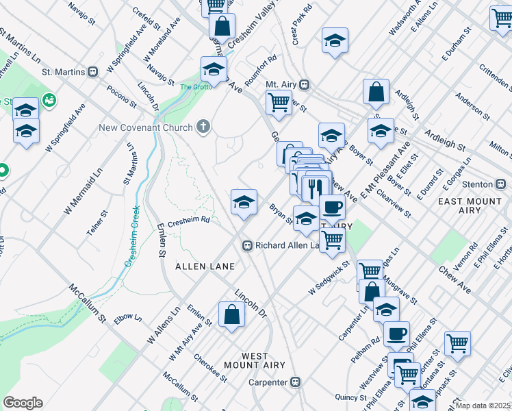 map of restaurants, bars, coffee shops, grocery stores, and more near 113 West Allens Lane in Philadelphia