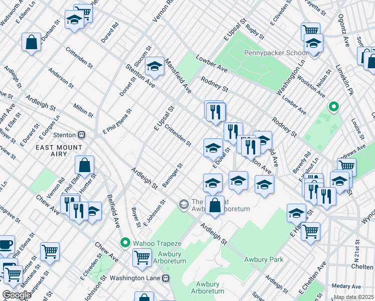 map of restaurants, bars, coffee shops, grocery stores, and more near 1229 Barringer Street in Philadelphia