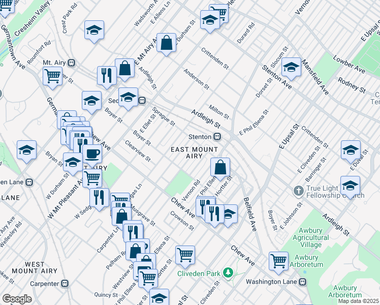 map of restaurants, bars, coffee shops, grocery stores, and more near 423 Pleasant Street in Philadelphia