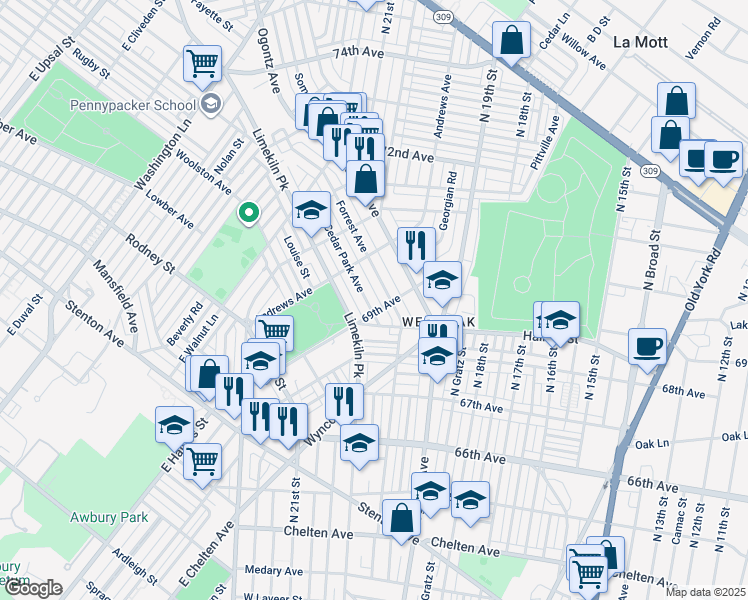 map of restaurants, bars, coffee shops, grocery stores, and more near 6913 Cedar Park Avenue in Philadelphia