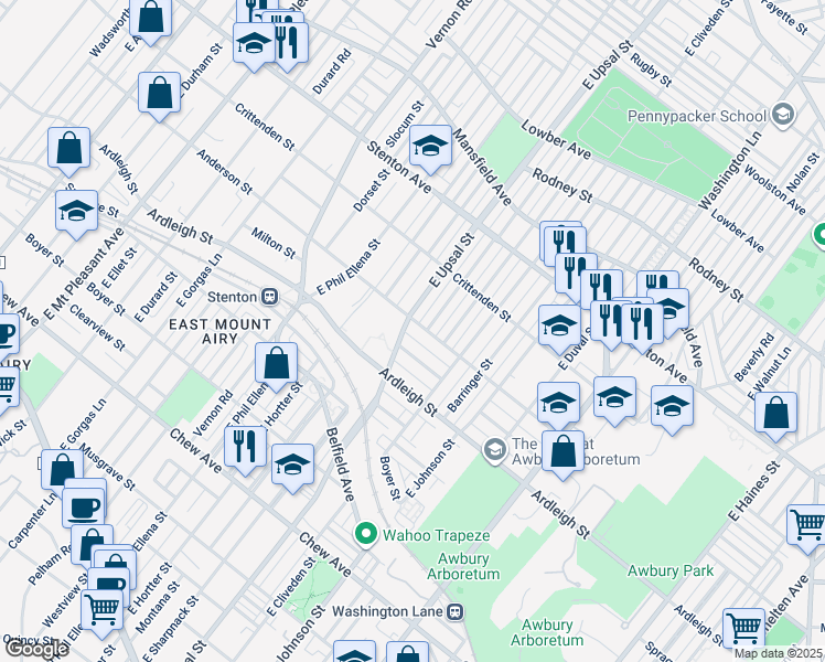 map of restaurants, bars, coffee shops, grocery stores, and more near 6492 Anderson Street in Philadelphia