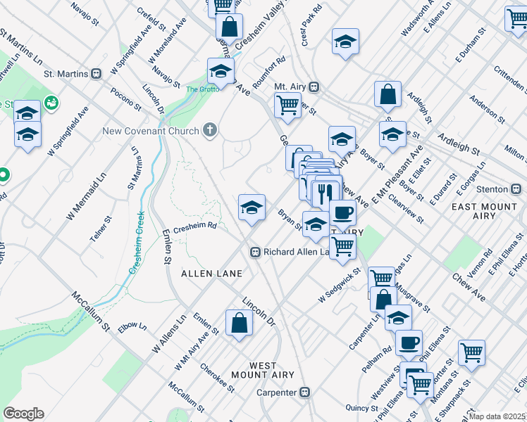map of restaurants, bars, coffee shops, grocery stores, and more near 113 West Allens Lane in Philadelphia