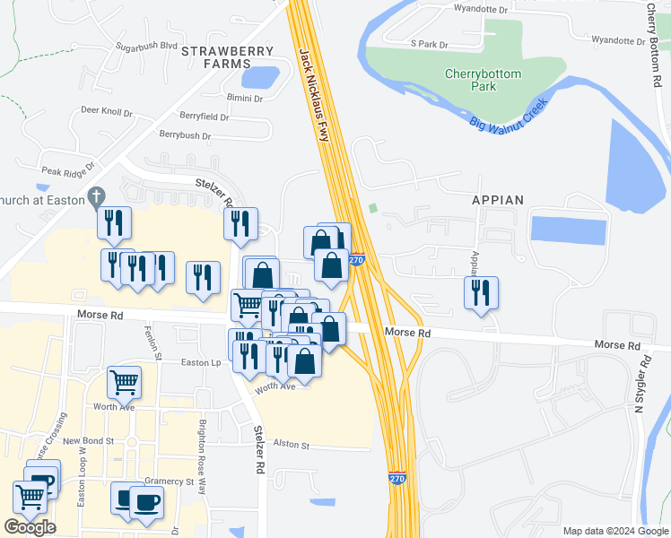 map of restaurants, bars, coffee shops, grocery stores, and more near 4070 Morse Road in Columbus