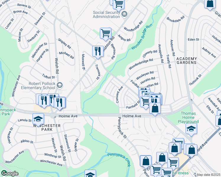 map of restaurants, bars, coffee shops, grocery stores, and more near 9005 Cloverly Road in Philadelphia