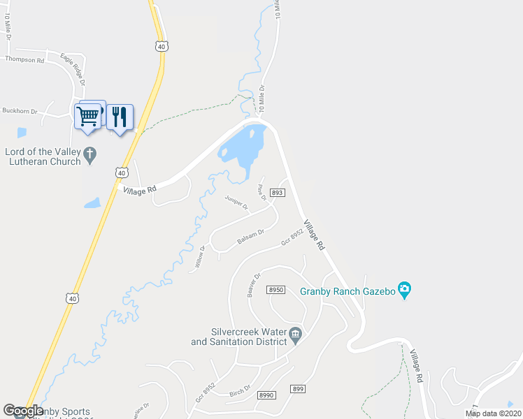 map of restaurants, bars, coffee shops, grocery stores, and more near 64 County Rd in Granby