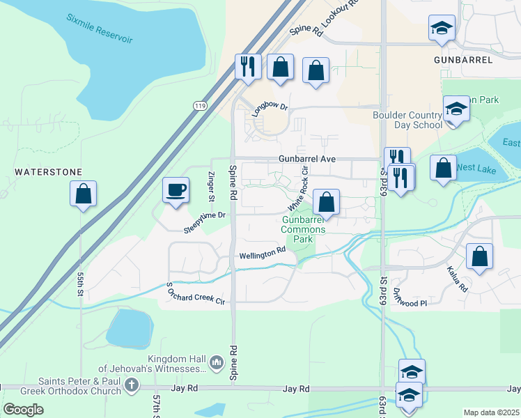 map of restaurants, bars, coffee shops, grocery stores, and more near 4763 White Rock Circle in Boulder