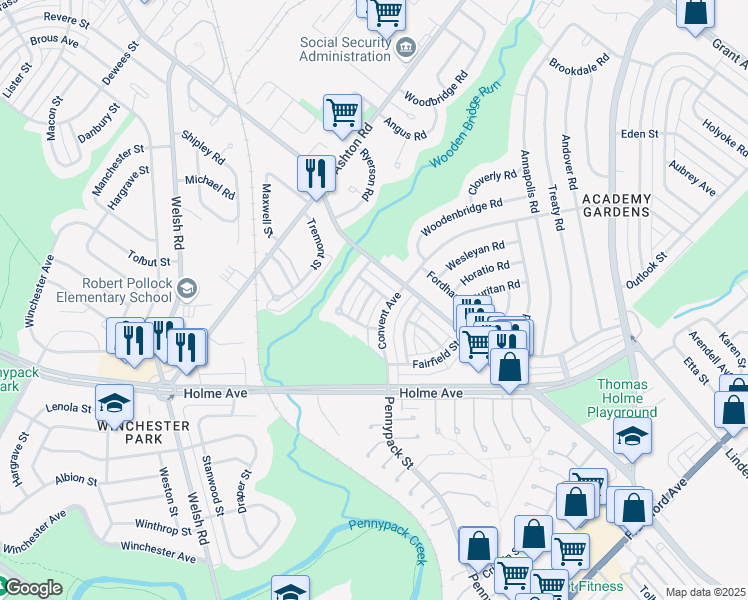 map of restaurants, bars, coffee shops, grocery stores, and more near 9119 Wooden Bridge Road in Philadelphia