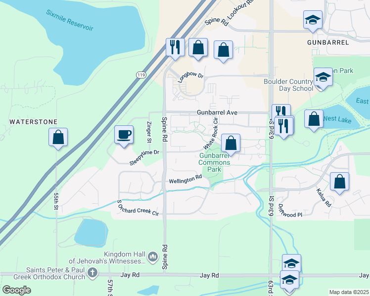 map of restaurants, bars, coffee shops, grocery stores, and more near 4767 White Rock Circle in Boulder