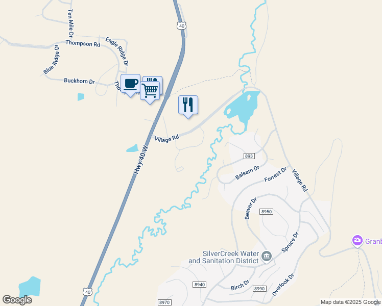 map of restaurants, bars, coffee shops, grocery stores, and more near 293 County Road 893 in Granby
