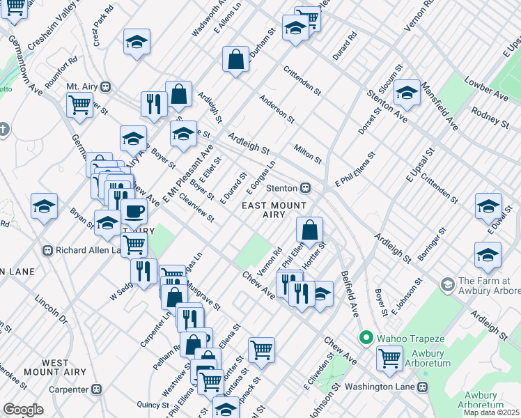 map of restaurants, bars, coffee shops, grocery stores, and more near 340 Meehan Avenue in Philadelphia