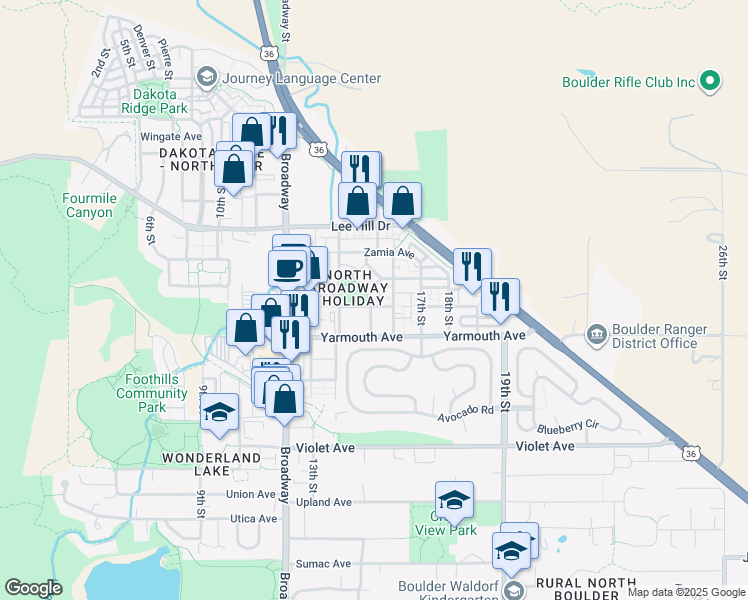 map of restaurants, bars, coffee shops, grocery stores, and more near 1494 Yaupon Avenue in Boulder