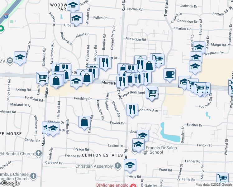 map of restaurants, bars, coffee shops, grocery stores, and more near 4463 Karl Road in Columbus