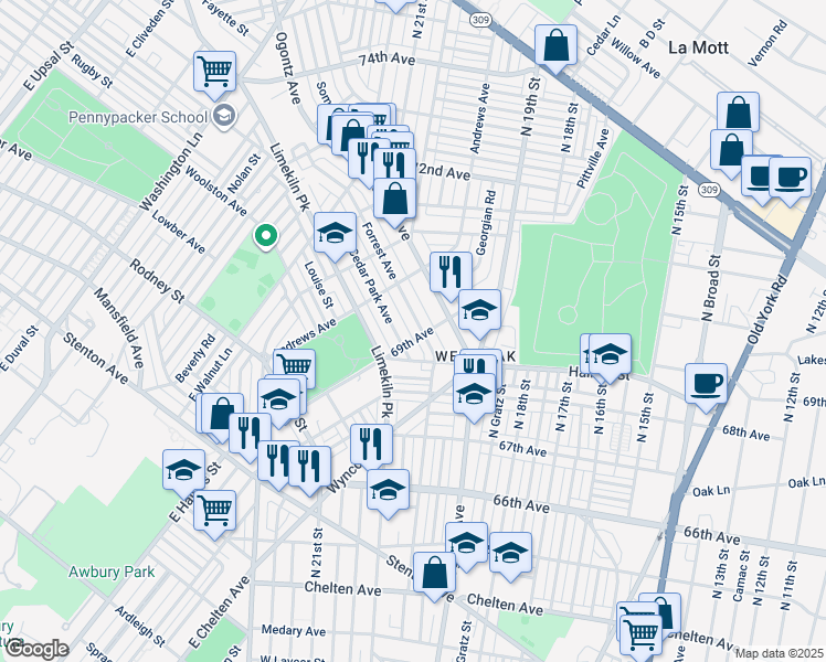 map of restaurants, bars, coffee shops, grocery stores, and more near 6906 Forrest Avenue in Philadelphia