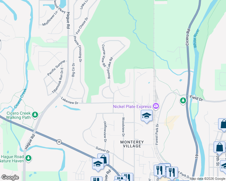 map of restaurants, bars, coffee shops, grocery stores, and more near 8169 Long Walk Court in Noblesville