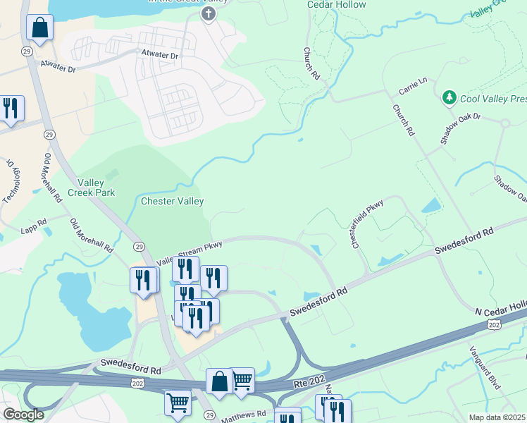 map of restaurants, bars, coffee shops, grocery stores, and more near 51 Valley Stream Parkway in Malvern