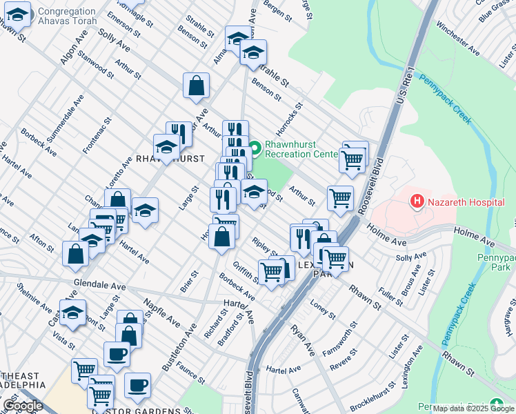 map of restaurants, bars, coffee shops, grocery stores, and more near 2226 Fuller Street in Philadelphia