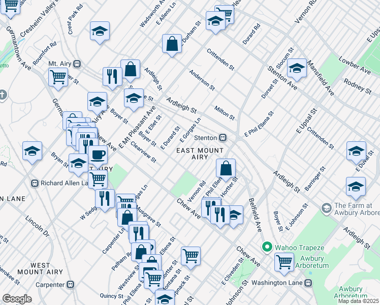 map of restaurants, bars, coffee shops, grocery stores, and more near 340 Meehan Avenue in Philadelphia