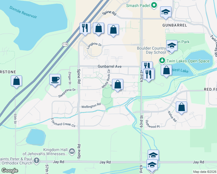 map of restaurants, bars, coffee shops, grocery stores, and more near 6110 Indigo Court in Boulder