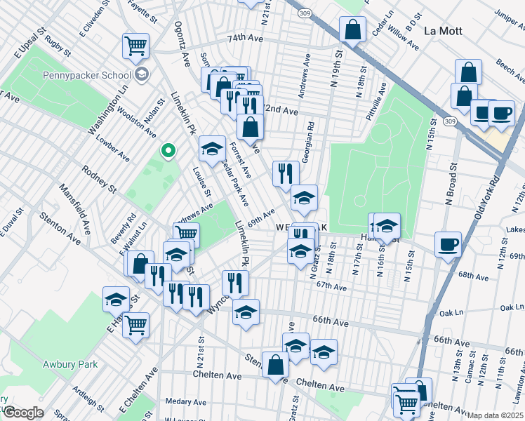 map of restaurants, bars, coffee shops, grocery stores, and more near 6906 Forrest Avenue in Philadelphia