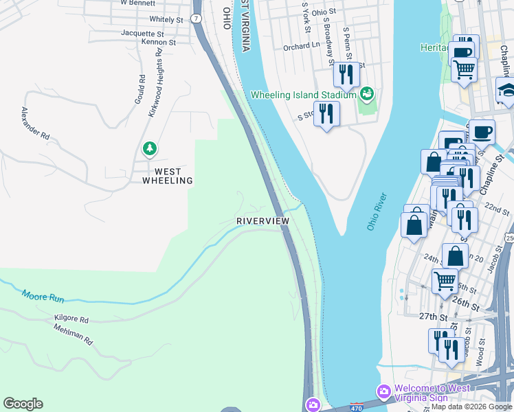 map of restaurants, bars, coffee shops, grocery stores, and more near 57885 Moores Run Road in Bellaire