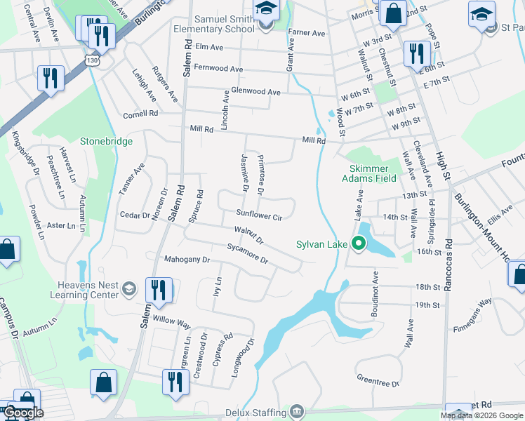 map of restaurants, bars, coffee shops, grocery stores, and more near 25 Sunflower Circle in Burlington Township
