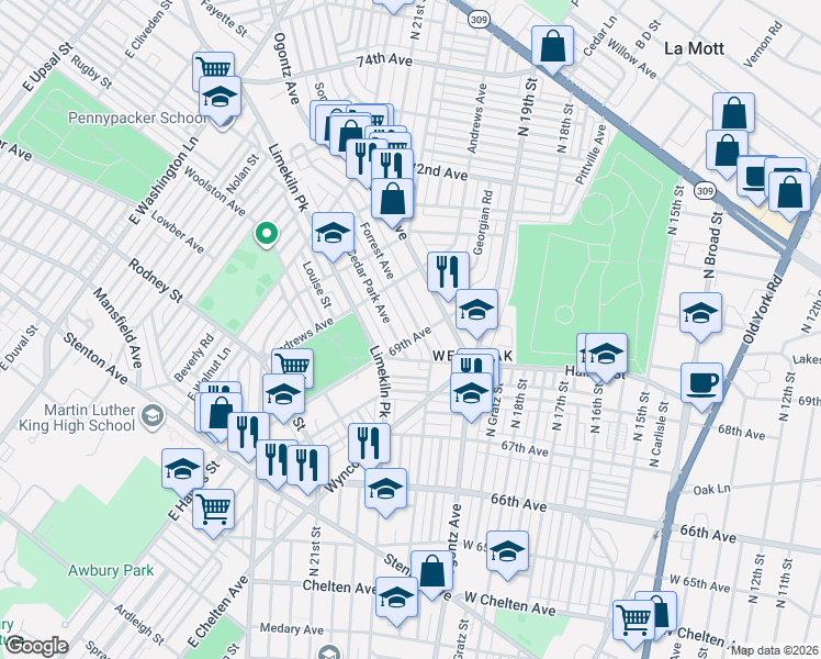 map of restaurants, bars, coffee shops, grocery stores, and more near 6801 Cedar Park Avenue in Philadelphia