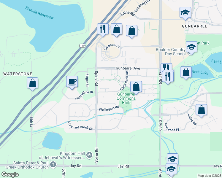 map of restaurants, bars, coffee shops, grocery stores, and more near 4658 White Rock Circle in Boulder